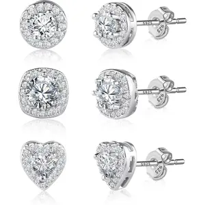 Sterling Silver Stud Earrings for Women Girls Cubic Zirconia Halo Round Heart Square Diamond Large Silver Stud Set
