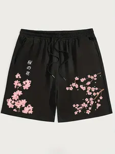 Men's Japanese Cherry Blossom Print Casual Shorts, Elastic Waist Drawstring Quick Dry Lightweight Streetwear Shorts, Black Floral Aesthetic Shorts for Summer Beach Gym Daily Wear Graphic Athletic Shorts, Athleisure Street Shorts