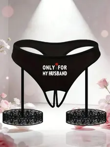 Women's Sexy Letter & Rose Print Crotchless Thong Panties With Leg Garter, Comfortable & Stylish
