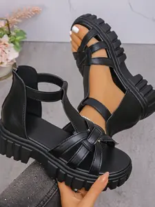 Roman Style Braided Strap Thick Sole Sandals, 5cm Invisible Heel Lift, Back Zipper Convenience, Soft Sole Comfortable Walk, Trendy Boost