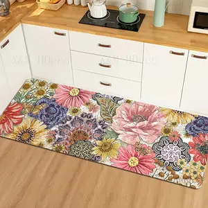 Vintage Floral Kitchen Rug, Large Flowers, Daisy, Butterfly, Ethnic Design, Flannel Mat, Home Decor, Flower Pattern Rugs