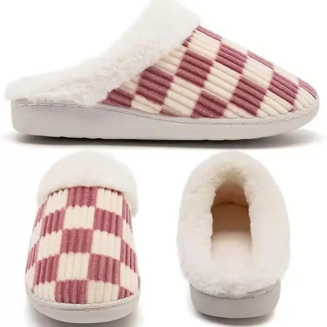Fuzzy Checkerboard Open-Toe Indoor House Slippers - Pink & White, Black & White Plaid, Plush-Lined Sports Slide Sandals