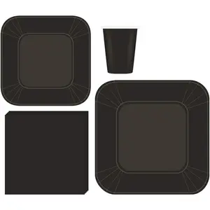 200- Black Square Dinnerware Set - Serves 50 Guests Includes 9" Dinner Plates, 7" Dessert Plates, 9oz Cups & 3-Ply Napkins Disposable Party Pack for Weddings, Birthdays, Events & Catering