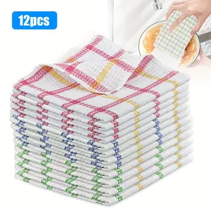 12 Pack of Grid Pattern Kitchen Towels, Highly Absorbent and Quick-drying Polyester Blend Fabric, Decorative and Durable Multi-purpose Cleaning Cloth