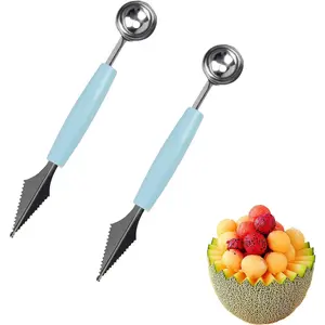 2 Pack Melon Baller Scoop Stainless Steel Fruit Carving Knife Dual Function Ball Spoon for Watermelon Cantaloupe Ice Cream Sorbet Dessert Kitchen Tools