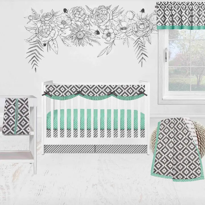 Bacati Love 6-Piece Crib Bedding Set With Long Rail Guard Cover - Gray/Mint