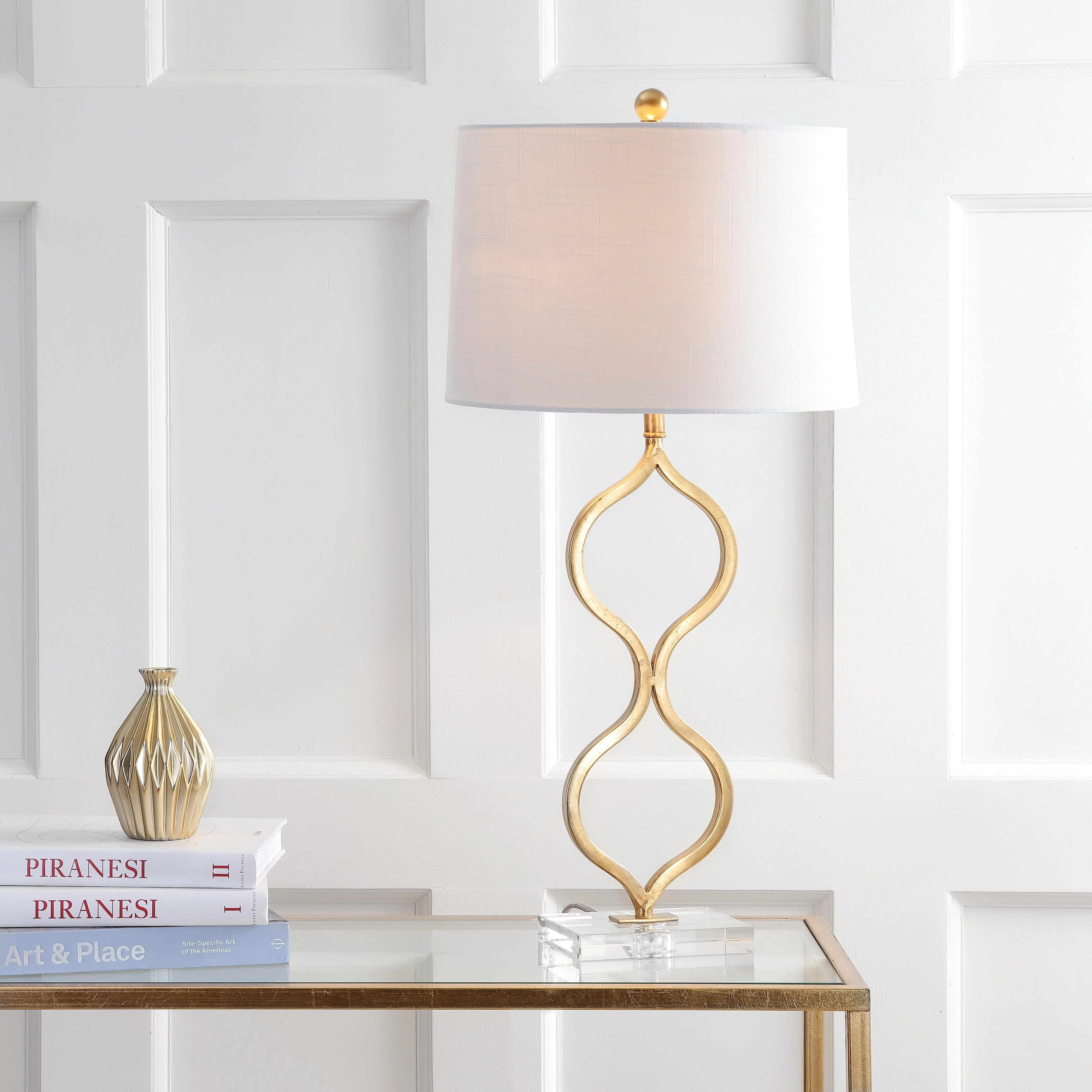 JONATHAN Y Levi Table Lamp - 31.5in Curved Gold Leaf Metal & Crystal, Traditional Home Decor Lighting, White Linen Drum Shade, Included LED Lights, Black/Silver Silk Cord, Bedroom Bedside/Living Room Light