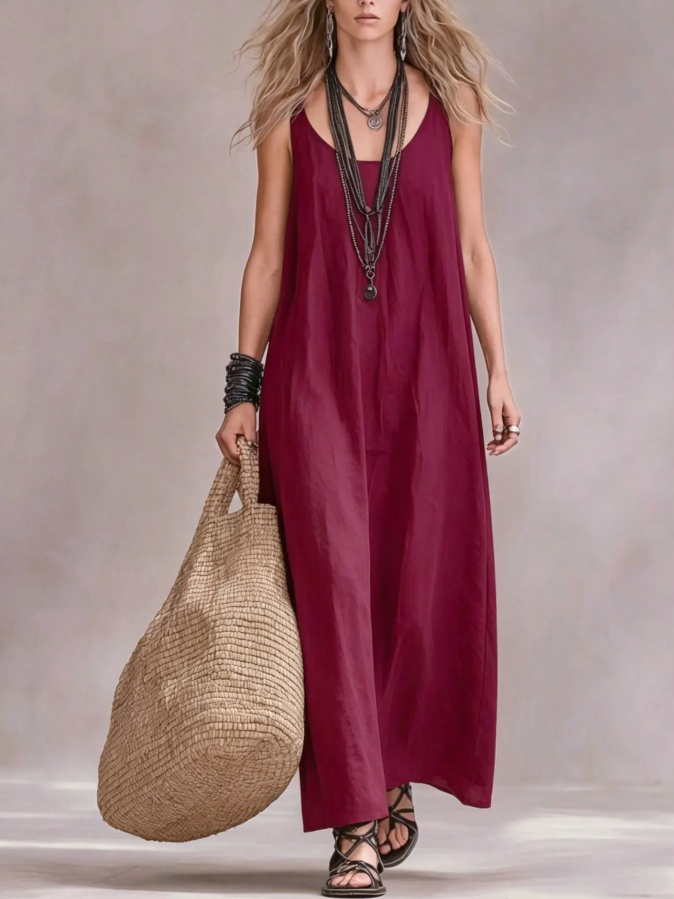 Fashion Boho Bohemian Vibe Sleeveless Maxi Dress, Beach Vacation Summer Slimming Linen Cotton Dress, New Women's Retro Casual A-Line Backless Long Dress Womenswear, Casual Beach Sundress