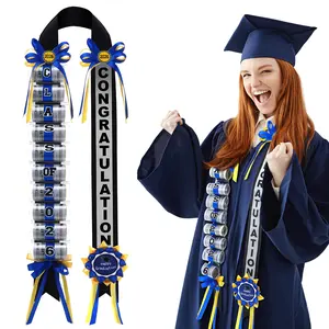 2026 Graduation Wreath - Preppy Double-Strand Woven Wreath Ring with Blue Ribbon Bow, Yellow and Dark Green Accents, Secure Fit Polyester Camouflage Decoration for High School, College Ceremonies, Prom Events
