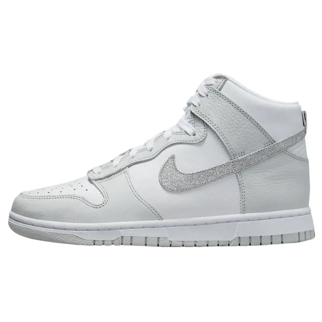 Nike Dunk High 'Silver Glitter Swoosh' Women's Round Toe All Seasons Smooth Leather Upper Cushioned Comfort Durable Traction, Shoe, Sneaker, Sports Shoes, Footwear, Athletic, Trainer, High Top, Casual Wear