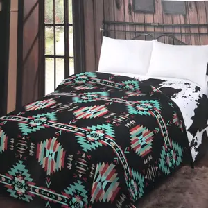 Reversible Southwestern Aztec Blanket | Oversized Cow Print Western Plush Throw