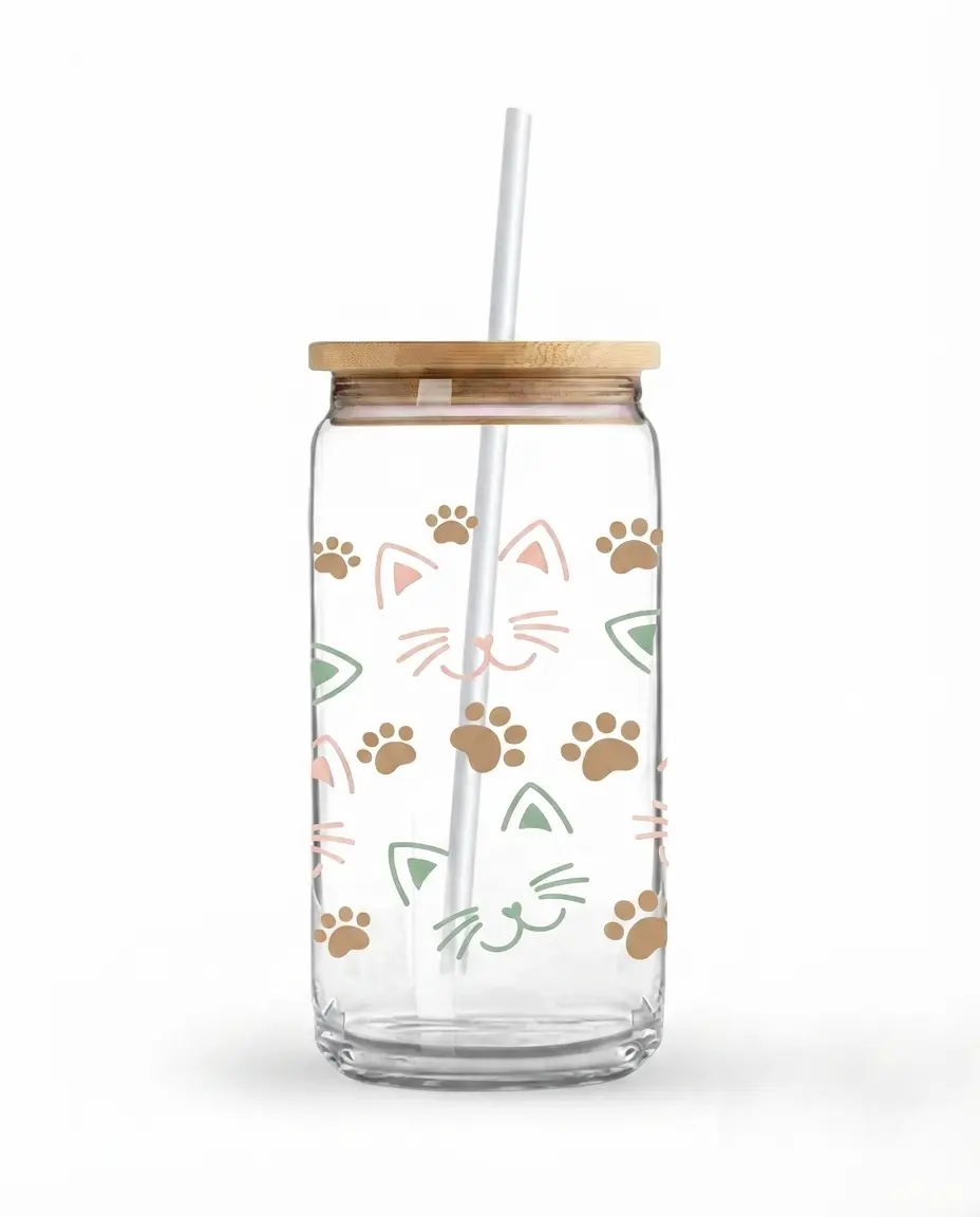 Pretty Kitty Paws BPA Free Glass unique Tumbler 16oz Splash Resistant Bamboo lid I Can Shaped Glass Cup Set with bamboo Lid and Straw I Reusable Drinkware for Smoothies Juice Matcha Tea Cold Drinks I Perfect Gift for Iced Coffee Lovers I