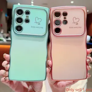 Silk Shine Electroplated Dual Heart Wave Protective Phone Case for Samsung Galaxy S26, S25, S24, S23, S22 Ultra, Full Coverage Protection