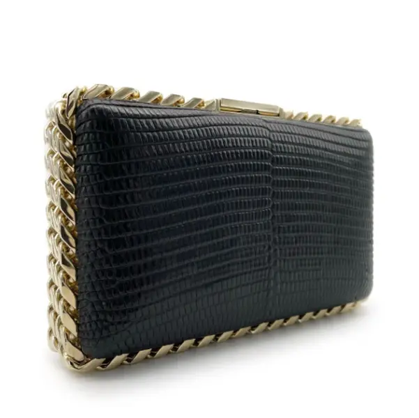 Pre-owned BURBERRY Calfskin Small leather goods Black Lizard Embossed Leather Chain Frame Clutch Evening Bag J8062601