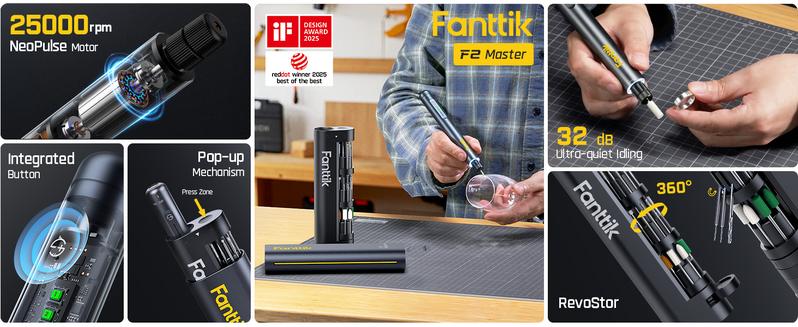 Fanttik F2 Master Mini Cordless Rotary Tool Kit 4V, Brushless Motor 25000 RPM, Revostor Hub, 35 Accessories, Portable Lightweight Design Drill Bits, for 3D printer