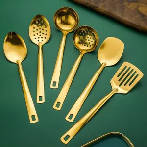 6pcs Gold-Plated Stainless Steel Kitchen Utensil Set - Includes Soup Spoon, Colander, Frying Shovel & More - Essential Cooking Tools for Home Chefs Utensils Included