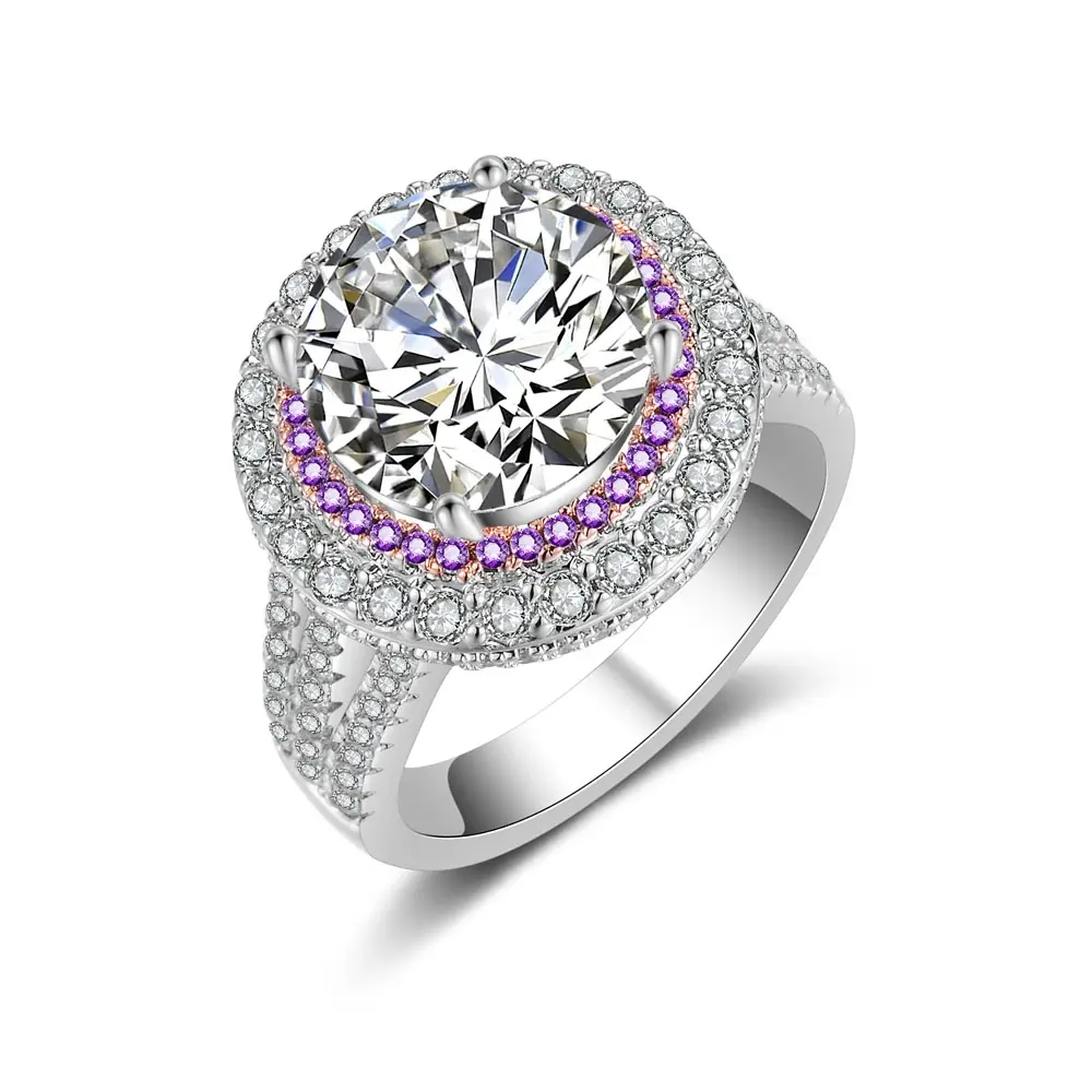 Aprilery Round Clear Crystal Double Halo Ring With Purple Accents For Women Elegant Design Clear Crystals And Purple Accents
