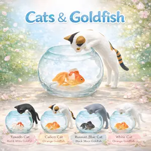 Mini Cat Watching Goldfish Scene, 4 Styles Collectible Set, Cute Desk Decor, Monitor Top Ornament, Gift for Cat Lovers