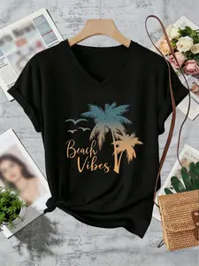 Women's Casual Comfortable Short Fitted T-Shirt Top, Beach Vibes Print, V-Neck Design, Soft and Elegant, Suitable for Spring and Summer