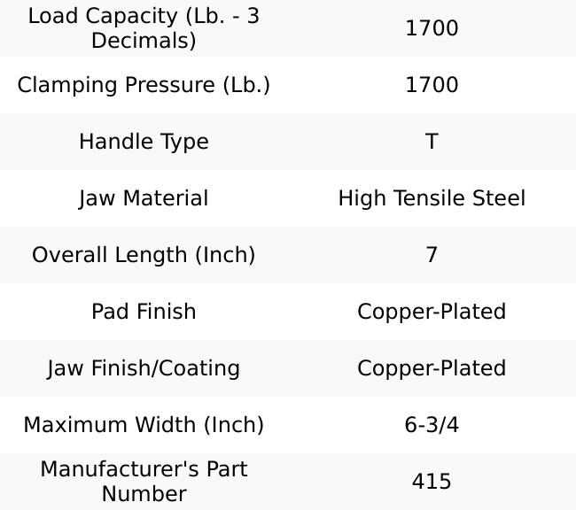 Kant Twist 1,700 Lb, 4-1/2" Max Opening, 2-1/4" Open Throat Depth, 3-13/16" Closed Throat Depth, Cantilever Clamp High Tensile Steel Jaw, T-Handle, 7" OAL, 6-3/4" Max Width K045TD