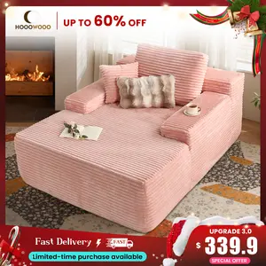 HOOOWOOO Boneless Chaise Lounge Upholstered Sofa Bed with Throw Pillows, 48.42" Deep Seat, Soft Plush Corduroy, No Assembly Required, Indoor Sleeper Chair Longue
