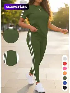 Women's Side Striped Tee & Pants Set, Casual Fitted Round Neck Short Sleeve T-Shirt & Trousers, Ladies Summer Clothes