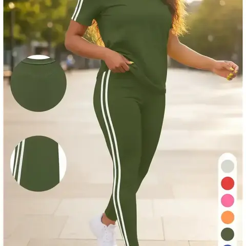 Women's Side Striped Tee & Pants Set, Casual Sporty Fitted Round Neck Short Sleeve T-Shirt & Trousers, Ladies Summer Clothes, Top Outfit Everyday, Athleisure Workout Set, Fitness Tracksuit, Athleisure Outfits, Casual Activewear Set