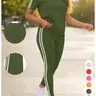 Women's Side Striped Tee & Pants Set, Casual Sporty Fitted Round Neck Short Sleeve T-Shirt & Trousers, Ladies Summer Clothes, Top Outfit Everyday, Athleisure Workout Set, Fitness Tracksuit, Athleisure Outfits, Casual Activewear Set