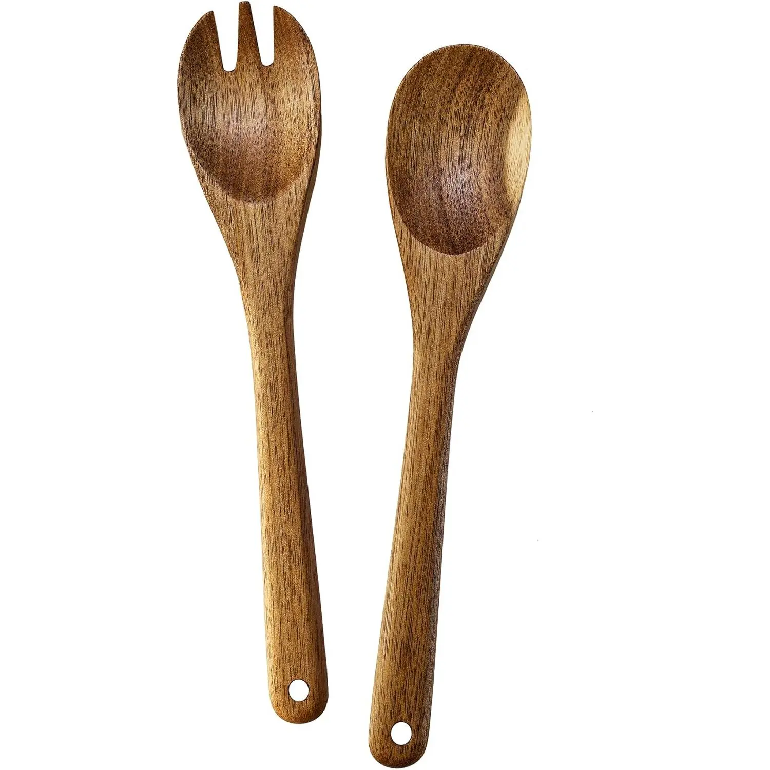 Wooden Acacia Wood Salad Serving Utensils Set - 2-Piece Cutlery Spoon and Fork for Tableware Serving & Tossing