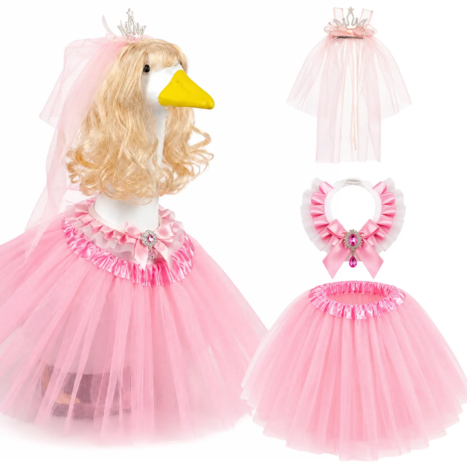 4-Piece Princess Decorative Wear Full Set for Garden Goose Statues - Pink Tulle Fabric Costume with Tiara Veil, Blonde Curly Wig, Jewelled Collar, Tutu Skirt - Ideal for Garden Parties, Home & Festive Decor
