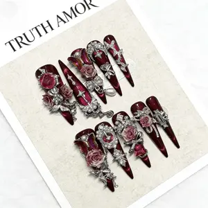 10Pcs TRUTH AMOR Red Rose Press On Nails, Long Stiletto Fake Nails with Butterfly & Pearl Charms, Romantic Luxury Style, Reusable False Nail Kit, RedRoseNails, LuxuryNails, ButterflyNailArt, PressOnNails