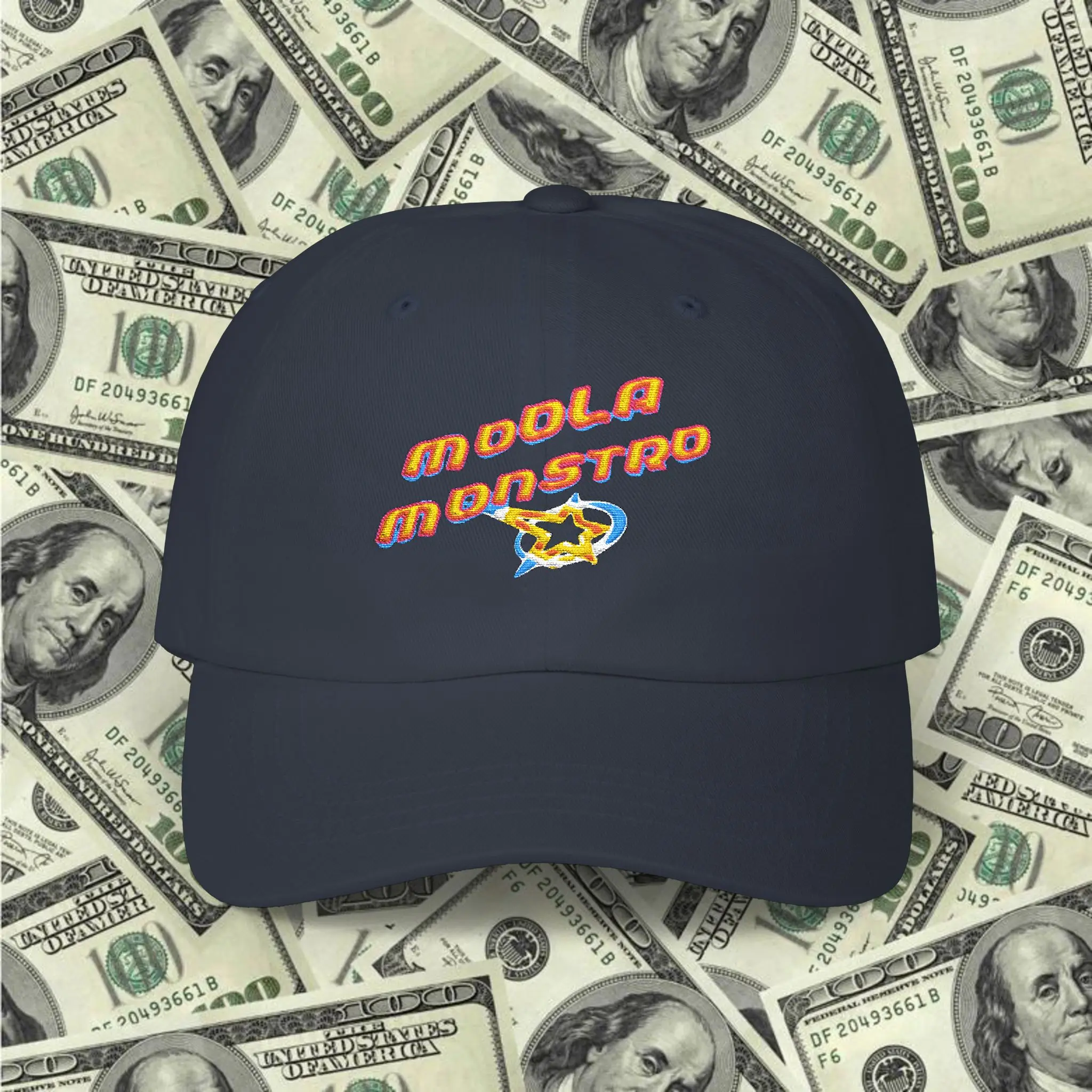 Moola Monstro Dad Cap | Money graphic embroidered baseball hat