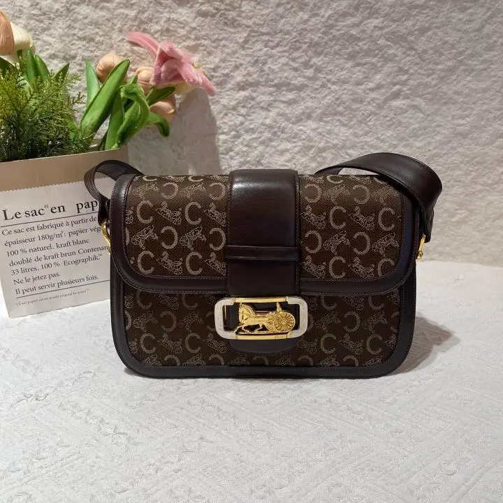 Pre-owned Celine Vintage C Macadam Shoulder Bag Brown Canvas and Leather, Horse Carriage Clasp Detail, Style ZX141