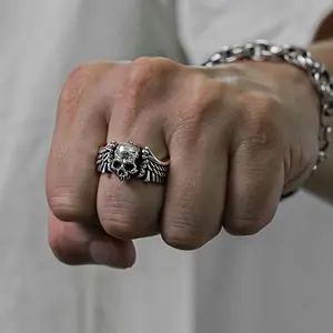Trendy retro old wing skull open ring punk personality creative dark domineering holiday jewelry Trendy retro old wing skull open ring punk personality creative dark domineering holiday jewelry