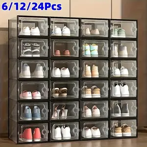 6/12/24pcs thickened transparent shoe boxes with lids, foldable and stackable shoe racks for free combination, plastic sneaker containers, space-saving storage organizers, suitable for entryways, bedrooms, households, and dormitories