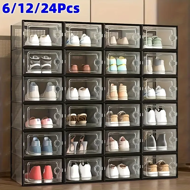 6/12/24pcs thickened transparent shoe boxes with lids, foldable and stackable shoe racks for free combination, plastic sneaker containers, space-saving storage organizers, Clear shoe storage, suitable for entryways, bedrooms, households, and dormitories