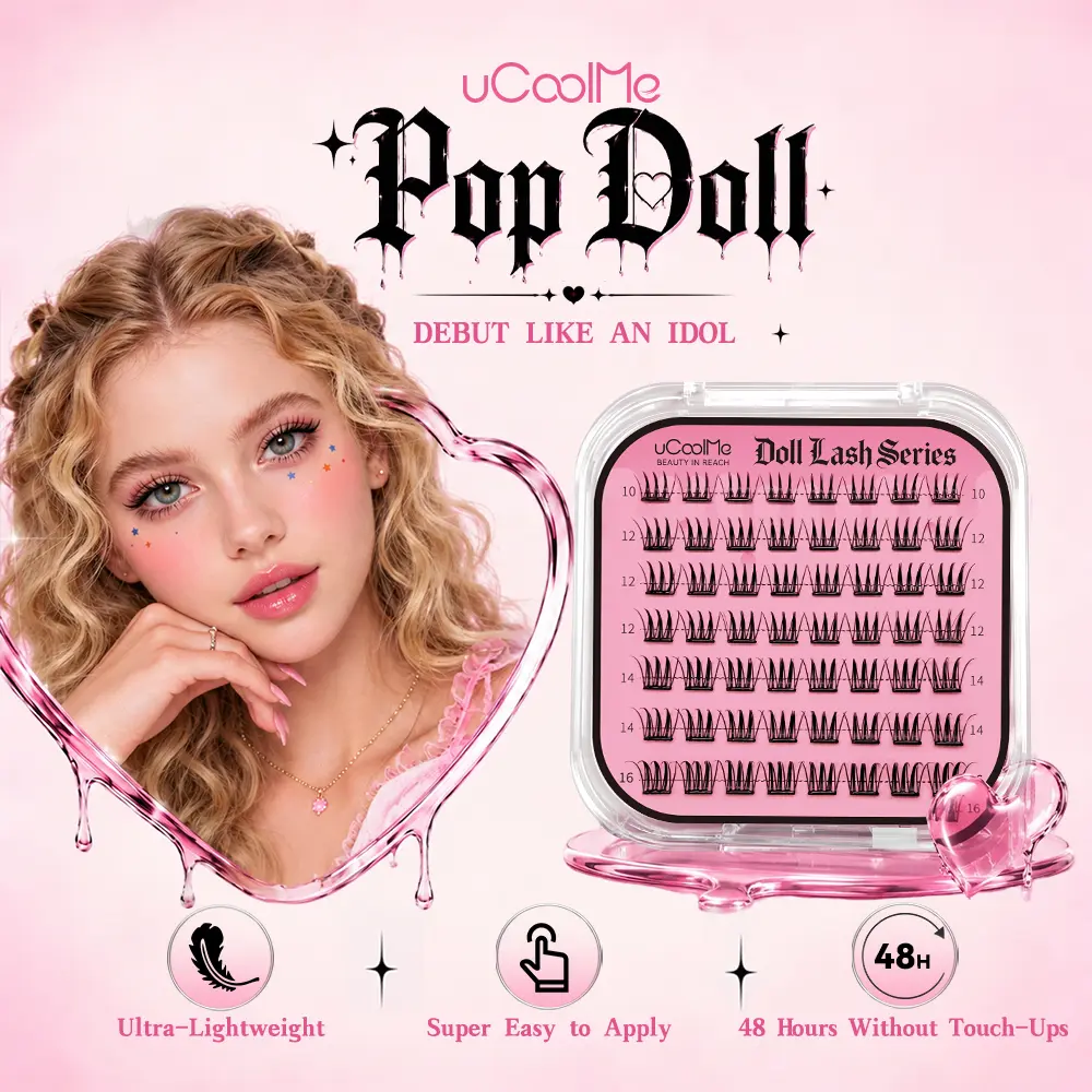 uCoolMe Pop Doll Self-Adhesive Press-On Eyelashes, 10–16 mm, Glue-Free, Ultra-Fine 0.03 mm Fibers for a Separated, Defined Look, Doll-Eye Effect and K-Pop Idol Style, Beginner-Friendly, 24-Hour Wear, Includes Non-Stick Applicator Tweezers Gifts