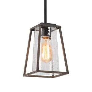 Ksana 1-Light Black Cage Pendant Lighting with Cylindrical Seeded Glass Shade