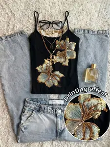 Women's Floral Embroidered Tank Top, Feminine Fitted Casual Style, Thin Fine Strap, Y2K Fashion, Comfortable All Seasons Wear