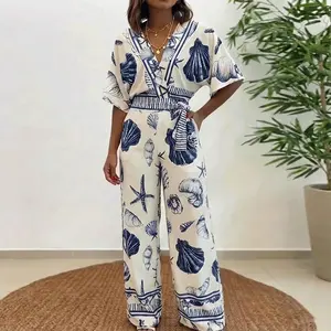 ChicMe Women's Ocean Print Jumpsuit Seashell Starfish Wrap V Neck Batwing Sleeve Tie Waist Wide Leg Romper with Pockets