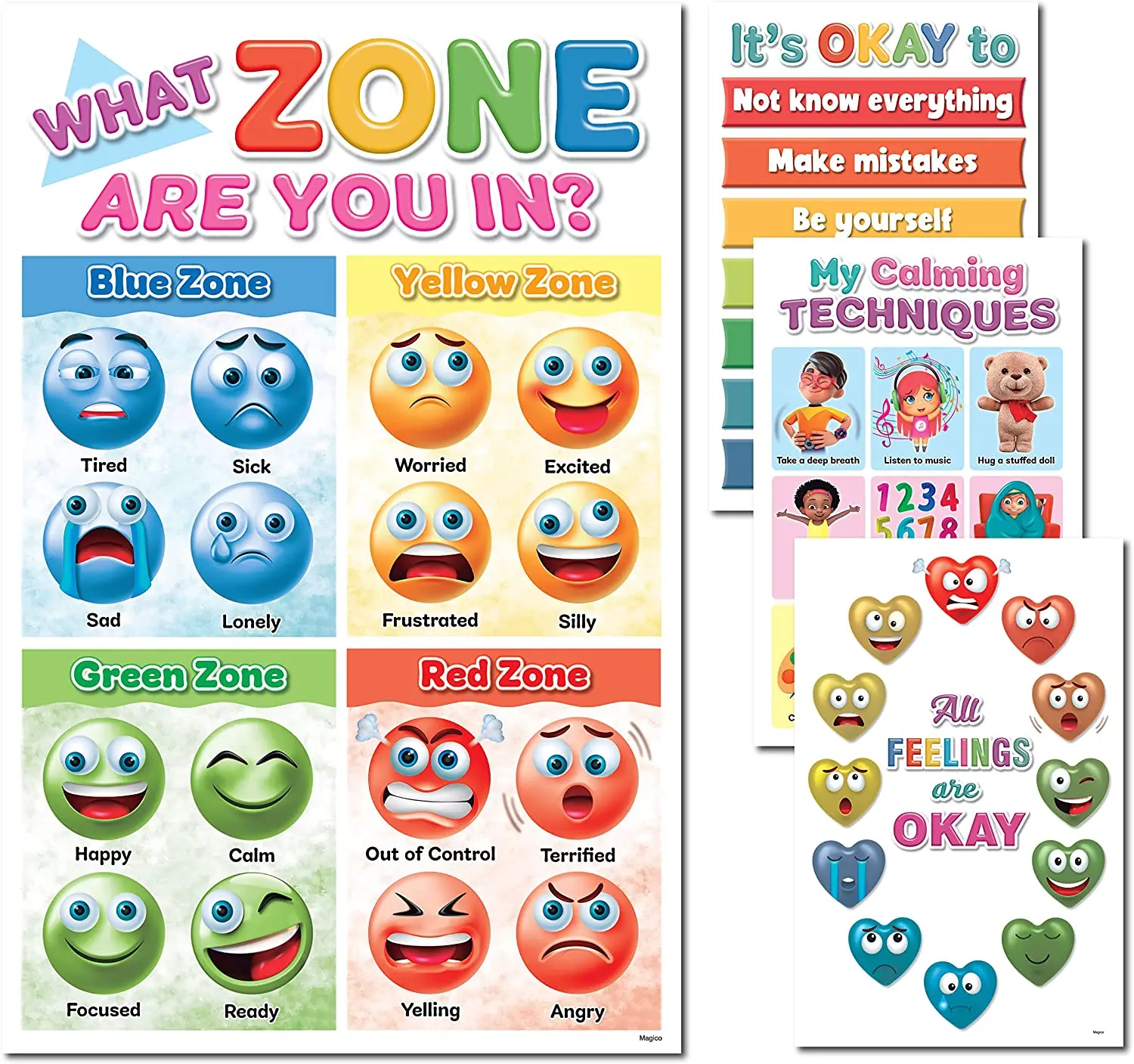 DeeDee's Workshop 4 Zones of Regulation Posters - 11x17 Inches Laminate Wall Hang Door Decor, English Visual Feelings Education Tools, Home Classroom Decorations Teaching Supplies