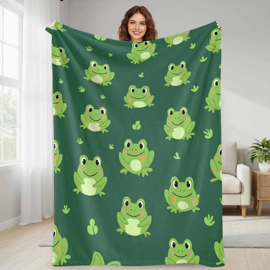 Cute Frog Cartoon Flannel Blanket, 60*80inch (Large Size for Adults), Green Frog Print Design, Wrinkle Resistant Soft Warm Lightweight Cozy Breathable Fabric, Ideal for Sofa, Camping, Business Trips, Home Decor Gift