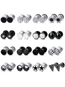 16 Pairs Black Punk Assorted Design Hypoallergenic Universal Pierced Ear Studs for Men Women Rustproof Steel Piercing Pieces Caring for Delicate Sensitive Skin Sleek Round Radiant CZ Ear Studs Moody Dark Gothic Tone Sleek Alternative Street Jewelry