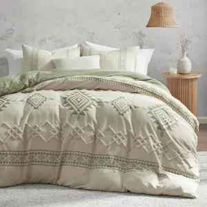 Boho Duvet Cover Set  Size, Beige and Sage Green Color Clash 3 count Microfiber Bedding Set, Durable and Super Soft Duvet Covers with Zipper and Ties, 104"*90"