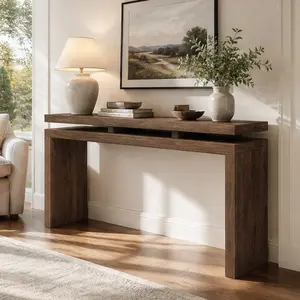 ARCH 60 Inch Farmhouse Console Table for Living Room, Antique Brown Wooden Sofa Table with Double Board Suspension Design, Solid Wood & MDF Entryway Table, Retro Narrow Hallway Table, 59.8x15x31.7 Inches, Antique brown Color Options