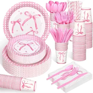 200 Pcs pink Bow Party Plates and Napkins Cups Tableware Sets for Coquette Birthday Decoration Valentine Party Decor Severs 25 pink Bow Plates Cups Forks Spoons Knives Straws Napkins Dinnerware