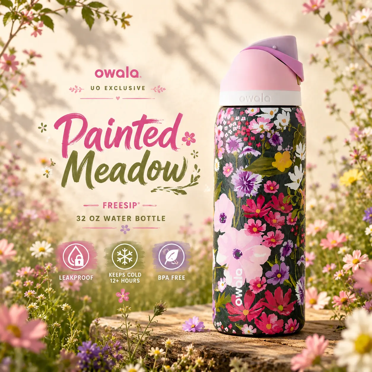 Owala Painted Meadow FreeSip 32 oz Water Bottle – UO Exclusive Floral Insulated Stainless Steel Bottle