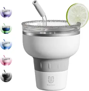 16 oz Stainless Steel Insulated Portable Reusable Cocktail Tumbler with Silicone Lid and Straw, Classic Stemless 320° Sippable Wine Cup for Beach, Party (White, Kitchen Drinkware Vacuum Flask)