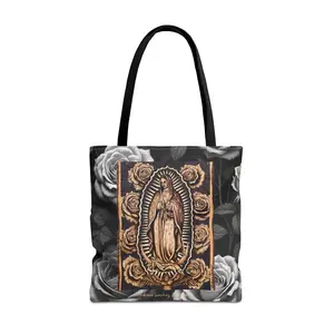 Virgen De Guadalupe With Roses Tote Bag (AOP) Small, Medium, Large, Religious Virgin Mary Bag, Art By Ambrosio Sanchez Pyrography