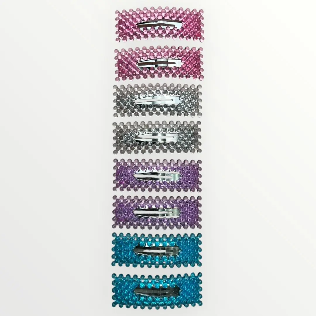 Y2K Crystal Beaded Hair Clips Set, Big Rectangle Snap Barrettes for Women, Sparkly Jelly Bead Hair Pins, Pink Silver Purple